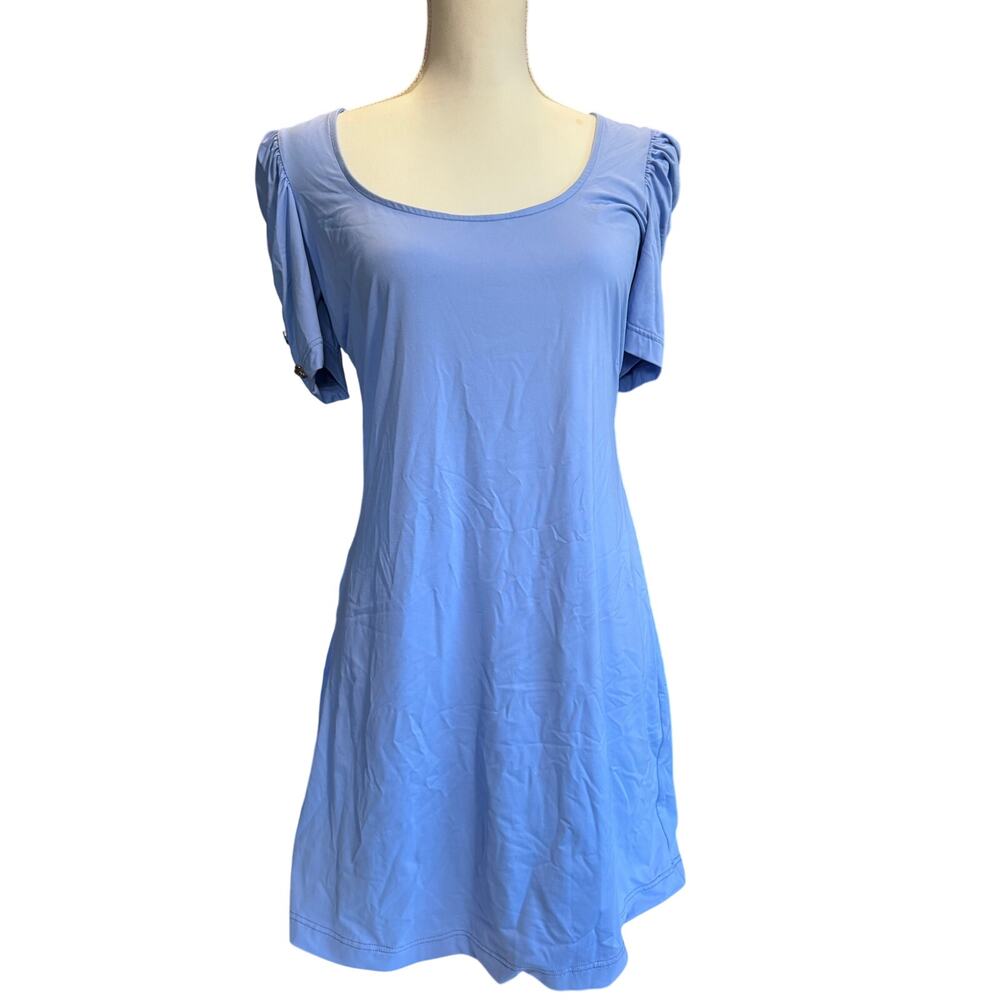 JUICY COUTURE BABY BLUE FIT N FLARE FLOWY DRESS ROMANTIC ROOCHED SLEEVE SOFT